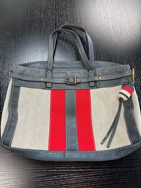 Tory Burch Canvas Tote with Red and Navy Stripe Accents nautical boat bag